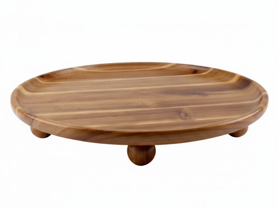 Premium Round Acacia Wood Footed Platter with Spherical Riser Feet